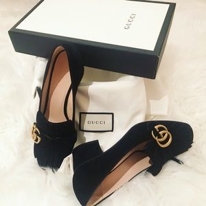 ❌sold❌Gucci Marmont Suede mid-heel fringe pumps 36